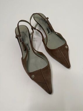 Sigerson Morrison Vintage Taupe Suede Pointed Slingback Kitten Heels Size 7.5